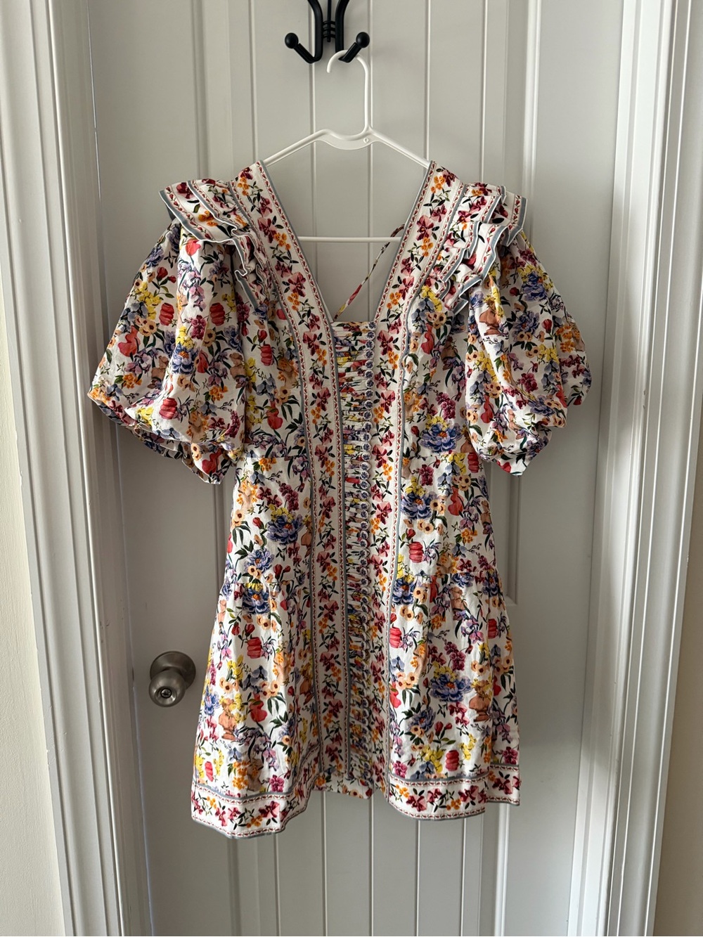 FARM Rio White Floral Puff-Sleeve Mini Dress